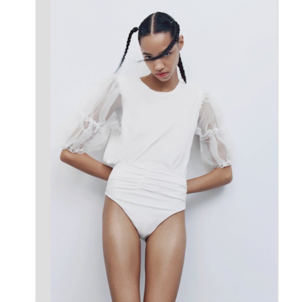 Zara White Organza Puff Sleeve Top Sz Large NWT